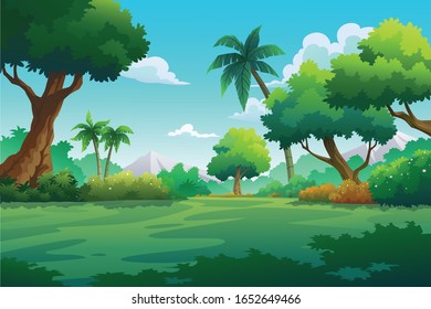 Vector illustration of mountains and trees in autumn.