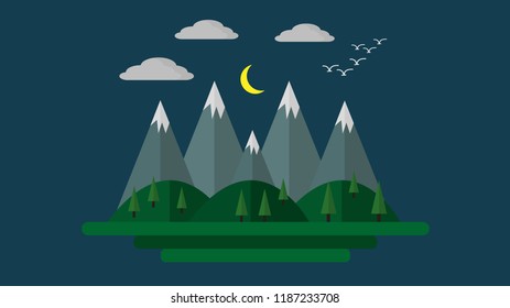 Vector illustration with mountains, trees and beautiful night sky.