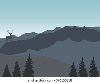 vector illustration of mountains with trees and deer silhouette
