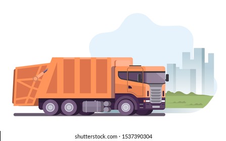 Vector illustration with mountains and trees in the evening.