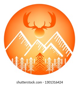 Vector illustration, mountains, trees and horns, sunlight, day, orange gradient