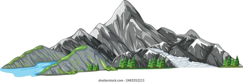 Ilustración vectorial de montañas, árboles y un lago