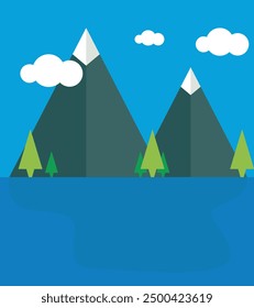 Vector illustration of mountains, trees, and lake in a minimalist style.