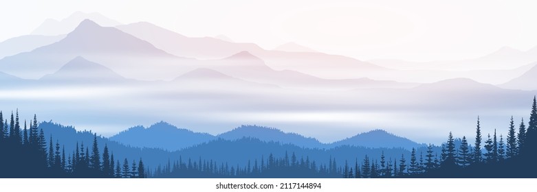 Vector illustration of mountains, valley in fog, morning light, panoramic view