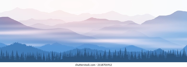 Vector illustration of mountains, valley in fog, morning light, panoramic view