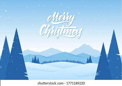 Vector illustration. Mountains winter snowy landscape with hand lettering of Merry Christmas