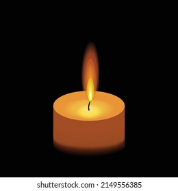 Vector illustration with mourning burning candle flame light on black background. remembrance, grief concept