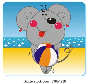 vector illustration of mouse with the ball on the beach