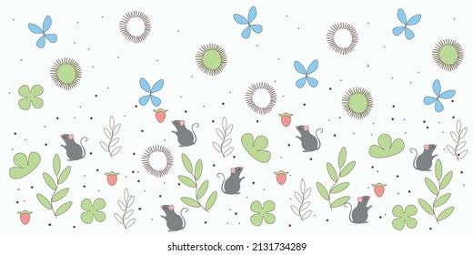 Vector illustration of a mouse banner, flowers, berries and branches on a white background.