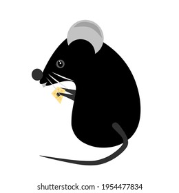 Vector illustration of a mouse in black color holding cheese