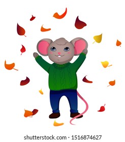 Vector illustration of a mouse for calendar or greeting card. Autumn mouse with flying leaves on white background.