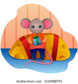 Vector illustration of a mouse for calendar or happy new year greeting card. Merry Christmas mouse with a gift in hands and pieces of cheese as gifts.