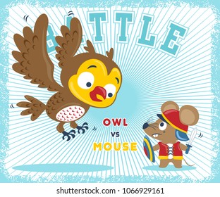 Vector illustration of mouse cartoon in knight costume holding sword and shield fight with giant owl