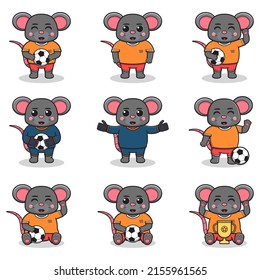 Vector illustration of Mouse characters playing soccer. Cute Mouse mascot playing football. Vector illustration bundle.