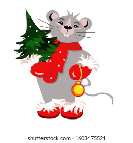 vector illustration with mouse with christmas tree and christmas ball