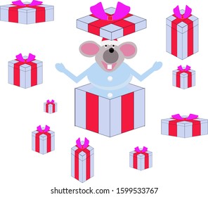 Vector illustration of a mouse coming out of a gift box.