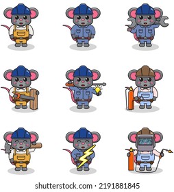Vector illustration of Mouse Construction, builder, electrician, welder and handymen cartoon. Cute Mouse engineers workers, builders characters isolated cartoon illustration.