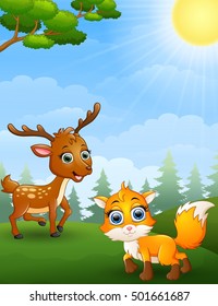 Vector illustration of  Mouse deer and baby fox cartoon in the jungle