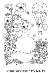 Vector illustration the mouse descends on a parachute, and the cat watches it. The work is done manually. Coloring books antistress for adults and children. Black and white.