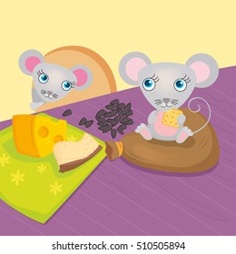 Vector illustration of mouse eating seeds and cheese in a hole