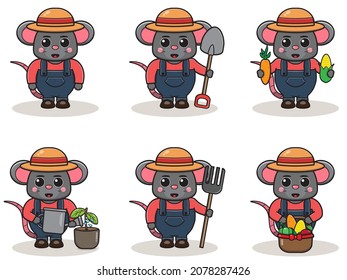 Vector illustration of Mouse farmer cartoon. Cute farmer character design with straw hat. Character flat design. isolated on white.