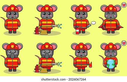 Vector illustration of Mouse firefighters set. Fire fighter profession with flat design style. Good for icon, label, sticker, clipart.