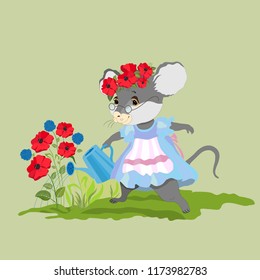 Vector illustration. Mouse and flowers