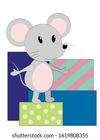 Vector illustration with mouse and gifts. Cartoon mouse greeting card.