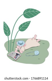 Ilustración vectorial de la chica del ratón leyó un libro. Carácter vintage sobre fondo blanco