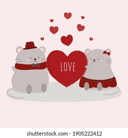ilustración vectorial del ratón con ilustración cardíaca. dos ratones acercándose unos a otros. ratón de diseño plano. fondo de pantalla animal.