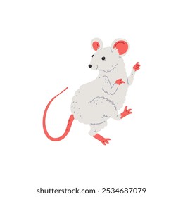 Vector illustration with a mouse with a long tail happily dancing isolated on a white background. Perfect for party decoration or fun kids room design