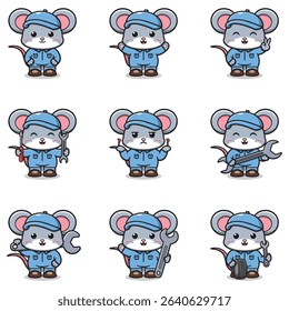 Vector Illustration of Mouse Mechanic Cartoon Character. Mechanic Character Vector Illustration. Mouse Character animal. Mechanic Mascot.