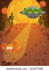 Vector illustration of a mouse meet the alien's spaceship in the desert and run away in fear.