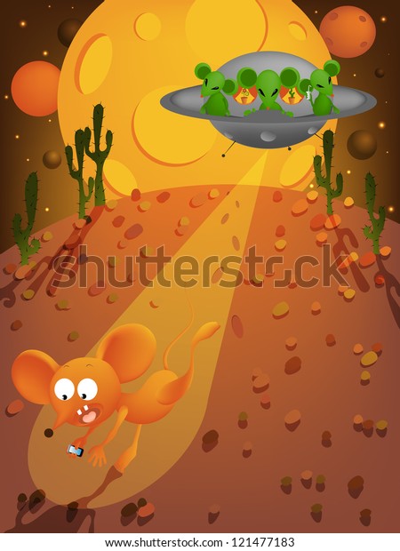 Vector illustration of a mouse meet\
the alien\'s spaceship in the desert and run away in\
fear.