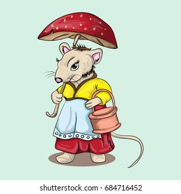 Vector illustration mouse with mushroom umbrella in hands