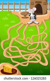 A vector illustration of a mouse needing to go through maze to get to the cheese