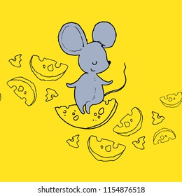 vector illustration. mouse on cheese, cartoon animal. yellow pattern. background for children design
