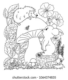 Vector illustration. The mouse on the stump watches the hedgehog that sits on the mushroom. Coloring book. Anti Stress for adults and children. Black and white.