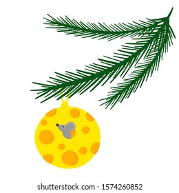 vector illustration, mouse peeking out of a cheese hole,, silhouette 2020, Christmas tree toy ball