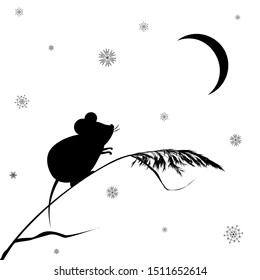 vector illustration with mouse, reed, moon and snowflakes in black and white colors