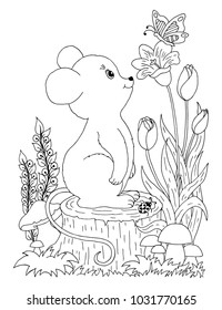 Vector illustration. The mouse sits on the stump and watches the butterfly on the flower. Coloring book. Anti Stress for adults and children. Black and white.
