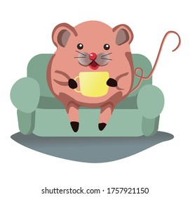 Ilustración vectorial de un ratón sentado en un sofá con una taza
