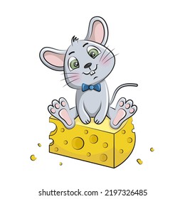 vector illustration of a mouse sitting on a piece of cheese