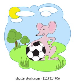 Vector illustration, mouse with soccer ball on a glade.