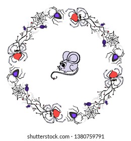 Vector illustration with mouse and spiders frame