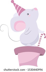 Vector illustration a mouse stands on a gift in a festive cap with a sweet candy