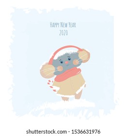 Vector illustration with mouse as symbol 2020 new year with candy in snowy winter concept