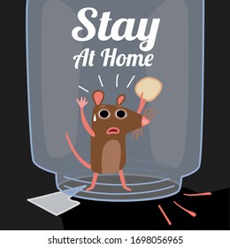 Vector illustration a mouse in a trap wants to get out of a can. Stay at home concept. The character is crying and fearful. Animal in a transparent jar.