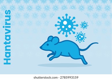 Vector illustration of a mouse and virus particles representing Hantavirus infection, a zoonotic disease transmitted by rodents.