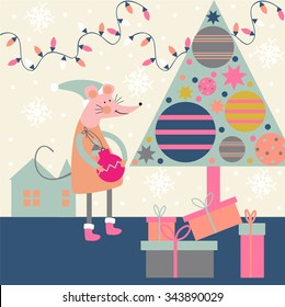 vector illustration of a mouse who decorates the Christmas tree on Christmas Eve